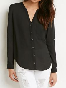 Chiffon pocket long-sleeved black blouse