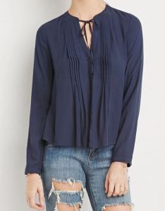 Pintucked buttoned down navy blue bluse